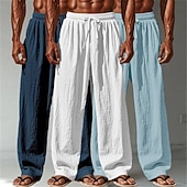 billige Klassisk-Herre Linbukser Bukser Sommerbukser Posete bukser Strandbukser Snorer Elastisk midje Rett ben عادي Komfort Pustende Full lengde Avslappet Daglig utendørs Ferie Mote Hvit + Svart + Grå Svart+blå+grønn