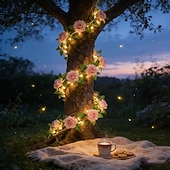 baratos Luzes solares de corda-Luzes solares em formato de trepadeira de rosas, 2m, 20 LEDs, 8 modos, ideais para decoração de pátio, varanda, jardim, à prova d'água, festas de aniversário, praia, piquenique, casamento e feriados.
