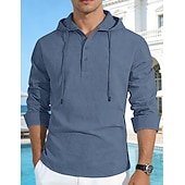 tanie Casualowa koszulka Henley-Męskie Koszula bawełniano-lniana Podkoszulek Koszula Henley Koszulka z długim rękawem Długi rękaw Kaptur Wiosna Jesień Równina Moda Moda miejska Codzienny Ściągana na sznurek Guziki Codzienny Urlop