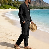 abordables Chemises lin et coton-Homme Chemise en lin Deux pièces Ensemble Chemise Et Pantalons en Lin Pantalons Pantalon décontracté Set Uni Quotidien Extérieur Plage Col Rabattu manche longue Été Printemps Mode Occasionnel