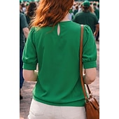 St. Patrick Women's T Shirt Tee Top Cut Out Solid Color Elegant Fashion Casual Half Sleeve Lantern Sleeve Crew Neck Regular Tops Daily Going out Weekend Green Summer Spring