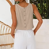 preiswerte Einfacher Tank-Damen Weste aus Baumwollleinen Tank Top Knöpfe Vintage Stilvoll Lässig Ärmellos Träger U-Ausschnitt Normale Oberteile Täglich Ausgehen Urlaubskleidung Salbeigrün Weiß Hellgrau Aprikose Sommer Frühling