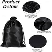 abordables Verktøy og tilbehør-10Pcs Wig Bags with Satin Drawstring, Black Silk Hair Storage Bags for Multiple Wigs, Bundles, Extensions
