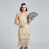 cheap Outfits-Vintage Roaring 20s 1920s Knee Length Dress Flapper Dress Gloves Sleeveless The Great Gatsby Charleston Sequins Tassel Fringe Fancy Dress Women's Halloween Carnival Cocktail Party Adults' 1 Fan Dress