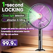 abordables Contrôle des Insectes Intérieur-Tapette à mouches électrique 2 en 1 &amp;Raquette anti-insectes, tueur de moustiques automatique avec laser de chasse &amp;Lampe UV, poignée extensible, tête pliable à 90° pour fixation murale, rechargeable