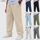 baratos Clássico-Homens Calças de linho Calças Calça verão Calças largas Calças de praia Com Cordão Cintura elástica Perna reta Tecido Conforto Respirável Comprimento total Casual Diário Feriado Moda Básico Preto