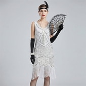 tanie stroje-Zabytkowe Ryczące 20s 1920 roku Do kolan Sukienka w stylu lat 20-tych Rękawiczki Nakrycie głowy Bez rękawów Wielki Gatsby Czarleston Cekiny Frędzel Strój na bal maskowy Damskie Halloween Karnawał