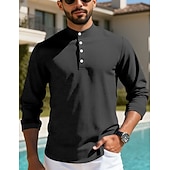 preiswerte Lässiges Henley-T-Shirt-Herren T Shirt Waffel-Henley-Hemd Henley Hemd Langarmshirt Langarm Henley Sommer Frühling Einfach Mode Streetwear Freizeit Knöpfe Lässig Täglich Urlaub Blau Schwarz Weiß Top T-Shirt für Herren
