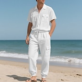 cheap Cotton Linen Shirt-Men's Linen Shirt 2 Piece Shirt Set And Cargo Pants Linen Pants Trousers Set Plain Casual Daily Outdoor Turndown Short Sleeves Summer Fashion Casual Comfortable Clothing Apparel