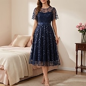 cheap Dresses-1950s Retro Vintage Midi Dress Swing Dress Flare Dress Short Sleeves Embroidered Leaf Fit &amp; Flare Swing Round Neck Fancy Dress Women's Casual Evening Party Tea Party Adults' Dress Spring &amp; Summer