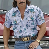 cheap Men's Western Shirts-Men's Floral Print Flowers Shirt Western Shirt Cowboy Shirt Short Sleeve Vintage Retro Casual Outdoor WorkWear Summer Spring Turndown 3D Print Front Two Pockets Linen Like Shirt Purple Khaki