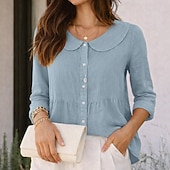 tanie Podstawowe fałszywe koszule-Damskie Koszula Codzienna koszula Zapinana na guziki koszula Sztuczna bawełna len Guziki Jednokolorowe Równina Urlop Moda Codzienny Kołnierzyk Piotruś Pan Zwykłe topy Streetwear Plaża Święto Czarny