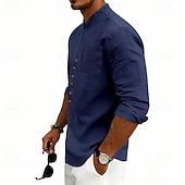 baratos Clássico-Homens Camisa Social Camisa de linho camisa de verão camisa de praia Tecido Casual Férias Preto Branco Rosa Azul Marinha Manga Longa Faixa Verão Primavera Roupa Bolsos