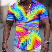 baratos Estampa Geométrica-Homens Colorido 3D impressão Tonto Camisa Social camisa de botão Manga Curta Moda Casual Streetwear Férias Verão Primavera Aberto para a Lateral Impressão 3D camisas de colarinho Azul Rosa Verde
