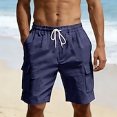 cheap Holiday-Men's Cotton Linen Shorts Shorts Summer Shorts Beach Shorts Drawstring Pocket Elastic Waist Plain Comfort Breathable Knee Length Outdoor Beach Vacation Vacation Fashion Black White Inelastic
