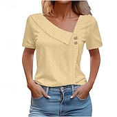 billiga Enkel t-shirt-Dam Texturblus Ögonlock Pointelle-tröja T-shirt Ensfärgat Mode Klassisk Ledigt Kortärmad V-hals Vanliga toppar Ledigt Dagligen Strand Blå Vit Gul Ljusgrön Himmelsblå Sommar Vår