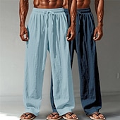cheap Classic-Men's Linen Pants Trousers Summer Pants Baggy Pants Beach Pants Drawstring Elastic Waist Straight Leg Plain Comfort Breathable Full Length Casual Daily Outdoor Vacation Fashion Green+Gray White+Navy