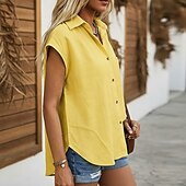 cheap Plain Blouses-Women's Shirt Cotton Linen Shirts Beach Shirt Button Up Shirt Solid Color Plain Vacation Fashion Casual Sleeveless Turndown Regular Tops Streetwear Beach Holiday White Yellow Orange Light Blue Summer