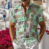 baratos Retro vintage trykk-Men's Grid / Plaid Patterns Mediterranean Tile Print Intricate Floral Shirt Button Up Shirt Short Sleeve Vintage Retro Streetwear Vacation Summer Spring Turndown 3D Print Collared Shirts Blue Pink