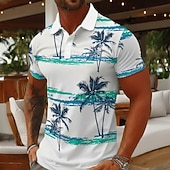 cheap Men's Hawaiian Polo-Men's Palm Tree Polo Shirts Short Sleeve Polo Shirts Collared Shirts Casual Athleisure Vacation Wear 3D Print Buttons Breathable Mesh Spring &amp; Summer Blue Brown Green
