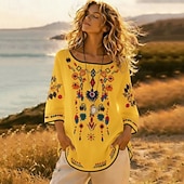 voordelige Overhemden-Dames Overhemd Overhemden met linnenlook Blouse Geborduurd Afdrukken Bloemig Vintage Stijlvol Korte mouw Strakke ronde hals Croptops Buiten Feestdagen Uitgaan Wit Geel Rood Zomer Lente