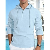 tanie Casualowa koszulka Henley-Męskie Koszula bawełniano-lniana Podkoszulek Koszula Henley Koszulka z długim rękawem Długi rękaw Kaptur Wiosna Jesień Równina Moda Moda miejska Codzienny Ściągana na sznurek Guziki Codzienny Urlop