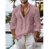 זול חוּפשָׁה-בגדי ריקוד גברים חולצה חולצת פשתן חולצת קיץ ביגוד חוף חולצה עם כפתורים אחיד קזו'אל יומי פול שחור לבן ורוד מסמיק שרוול ארוך קולר אביב קיץ ביגוד