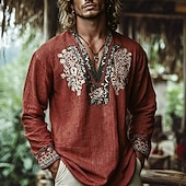 cheap Vacation-Men's Popover Shirt Summer Shirt Beach Wear Vintage Shirt Ethnic Shirt Floral Vacation Holiday Yellow Blue Orange Brown Long Sleeve V Neck Summer Spring Clothing Apparel
