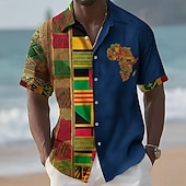 billige Vintage skjorte-Juneteenth Herre Stamme Kart Etikk / afrikansk Skjorte Sommerskjorte Skjorte med knapper Kortermet Vintage retro Ferie Sommer Vår Aftæpning 3D-utskrift krage skjorter Blå Rød Kakifarget Svart