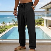 cheap Holiday-Men's Linen Pants Trousers Summer Pants Baggy Pants Drawstring Elastic Waist Straight Leg Plain Comfort Breathable Full Length Daily Outdoor Holiday Fashion Classic Style Blue White Micro-elastic