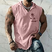 cheap Vacation Tropical T Shirts-Men's Flamingo Palm Tree Tropical Boho Vintage Sleeveless Hooded Vest Graphic Cotton Linen Frayed Raw Hem Loose Fit Beach Vacation Designer Clothing Apparel S M L XL XXL XXXL