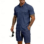 baratos Camisa Algodão Linho-Homens Camisa de linho 2 Peças Conjunto de camisa E Bermuda Cargo Calção Shorts de linho Definir Tecido Diário Ao ar livre Férias Aberto para a Lateral Manga Curta Verão Moda Casual Confortável Roupa