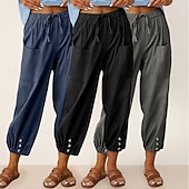 baratos Partes inferiores-Conjunto com 3 calças capri femininas de algodão, ideais para o verão, casuais, básicas, cintura alta, lisas, com bolsos, cintura elástica, confortáveis, respiráveis, sem elasticidade, para uso diário, em casa e nas férias, nas cores azul, azul marinho e