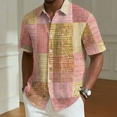 preiswerte Geometrische Muster-Herren Geometrisch Farbblock Patchwork Hemd Sommerhemd Knopfhemd Kurzarm Modisch lässig Täglich Outdoor Ferien Sommer Frühling Umlegekragen 3D-Druck Eine Tasche vorne Leinenähnliches Hemd Blau Rosa