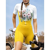 baratos Roupa de Triatlo Feminino-Mulheres Macacão para Triathlon Manga Curta Ciclismo de Montanha Ciclismo de Estrada Verão Amarelo Rosa Azul Gráfico Plantas Botânico floral Moto Secagem Rápida Resistente Raios Ultravioleta Zíper