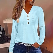 cheap Plain tee-Women's T Shirt Eyelet top Tee Top Buttons Plain Fashion Classic Casual Long Sleeve V Neck Regular Tops Daily Going out Weekend White Yellow Pink Sky Blue Summer Spring