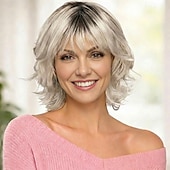 economico parrucca più vecchia-Elegante parrucca sintetica bob da donna - biondo platino con radici scure, onde morbide e frangia