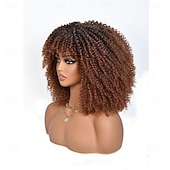ieftine Peruci Sintetice Trendy-Perucă afro creță maro ombre cu breton, perucă afro sintetică scurtă de 14 inch, peruci afro negre crețe pentru femei, peruci pentru uz zilnic și la petreceri