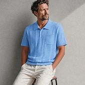 economico Polo classica da uomo-polo da uomo a trecce, maglia a coste, colletto a risvolto, maniche corte, tinta unita, foro, primavera &amp;blu estivo