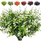 رخيصةأون نباتات صناعية وخضرة-٨ حزم من نباتات البقس الاصطناعية، نباتات ربيعية صناعية خارجية، شجيرات صناعية مقاومة للأشعة فوق البنفسجية، سيقان خضراء خارجية، أزهار خارجية تبدو حقيقية، أوكالبتوس صناعي