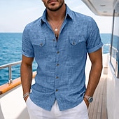 abordables Clásico-Hombre Camisa Camisa de lino Camisa de verano Ropa de playa Color sólido Casual Vacaciones Azul Piscina Azul Marino Caqui Gris Manga Corta Cuello Camisero Verano Primavera Ropa Bolsillo