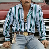 ieftine cămăși occidentale pentru bărbați-Bărbați Geometric Dungi Cămașă Cămașă occidentală Cămașă de cowboy Manșon Lung Vintage Retro Casual În aer liber Îmbrăcăminte de Muncă Vară Primăvară Răsfrânt Imprimare 3D Cămașă de in Cămăși cu