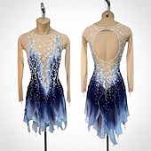 cheap Figure Skating Dresses-Figure Skating Dress Women's Ice Skating Dress Navy Patchwork Open Back Spandex Mesh High Elasticity Training Competition Skating Wear Classic Crystal / Rhinestone Long Sleeve Ice Skating Figure