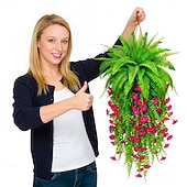 abordables Plantas y Vegetación Artificial-Juego de 3 helechos artificiales verdes con borlas rojas, plantas colgantes para armar tú mismo, ramos de helechos colgantes biónicos realistas, ideales para la decoración del hogar, el porche y el