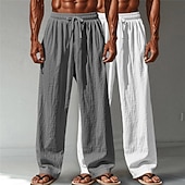 cheap Classic-Men's Linen Pants Trousers Summer Pants Baggy Pants Beach Pants Drawstring Elastic Waist Straight Leg Plain Comfort Breathable Full Length Casual Daily Outdoor Vacation Fashion Green+Gray White+Navy