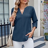 cheap Plain tee-Women's Texture Blouse Eyelet Top Pointelle Tee T Shirt Eyelet Striped Fashion Classic Casual Long Sleeve V Neck Regular Tops Casual Daily Beach Black White Navy Blue Sky Blue Orange Summer Spring