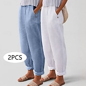 Χαμηλού Κόστους Κάτω-Πολυσυσκευασίες 2 τεμαχίων γυναικείο παντελόνι 100% βαμβάκι καλοκαιρινό παντελόνι casual παντελόνι διακοπών βασικό ψηλόμεσο απλό τσέπη άνεση μαλακό αναπνεύσιμο ανελαστικό casual καθημερινό αθλητικό λευκό+πράσινο λευκό+χακί
