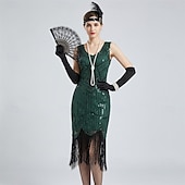 tanie stroje-Zabytkowe Ryczące 20s 1920 roku Do kolan Sukienka w stylu lat 20-tych Rękawiczki Nakrycie głowy Bez rękawów Wielki Gatsby Czarleston Cekiny Frędzel Strój na bal maskowy Damskie Halloween Karnawał