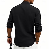baratos Clássico-Homens Camisa Social Camisa de linho camisa de verão camisa de praia Tecido Casual Férias Preto Branco Rosa Azul Marinha Manga Longa Faixa Verão Primavera Roupa Bolsos