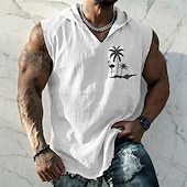 cheap Vacation Tropical T Shirts-Men's Flamingo Palm Tree Tropical Boho Vintage Sleeveless Hooded Vest Graphic Cotton Linen Frayed Raw Hem Loose Fit Beach Vacation Designer Clothing Apparel S M L XL XXL XXXL